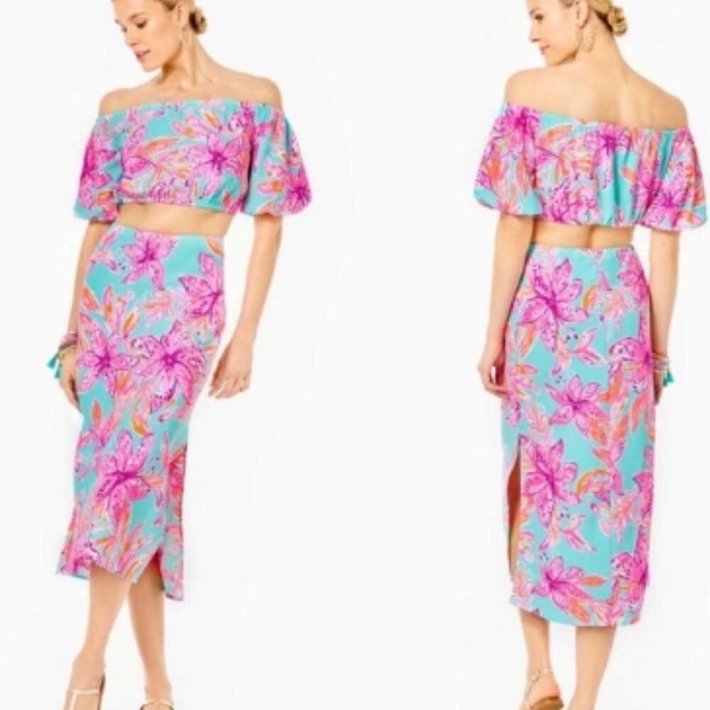 LILLY PULITZER Esmeray Set Surf Blue Bonita Blooms Skirt Puff Crop Top⌚🏃⚡💨🚚 - Picture 8 of 13